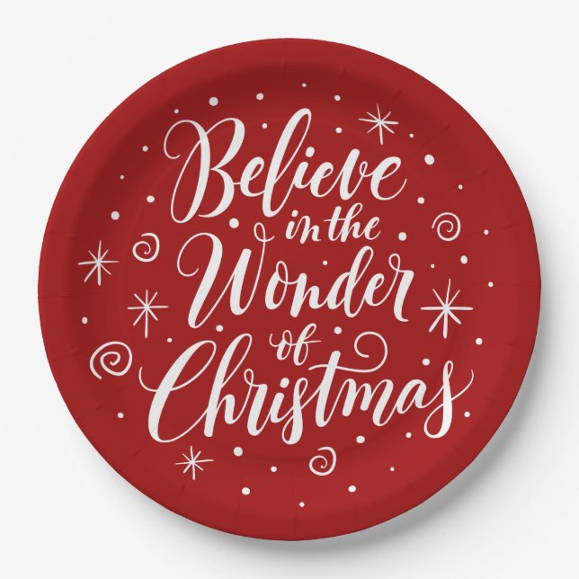 Believe in the Wonder of Christmas Lettering Red   Paper Plate (Front)