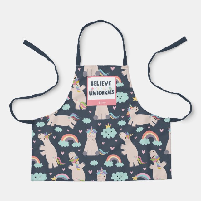 Believe in Unicorns Blue and Pink Girl Pattern Kid Apron (Front)