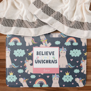 Believe in Unicorns Blue and Pink Girl Pattern Kid Bath Mat