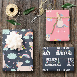 Believe in Unicorns Blue and Pink Girl Pattern Kid Wrapping Paper Sheet