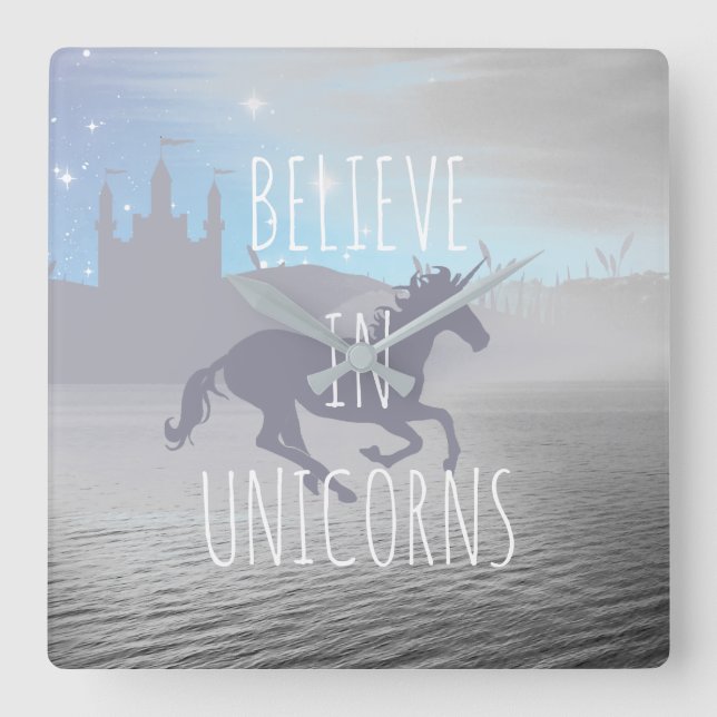 Believe in Unicorns Whimsical Art Square Wall Clock (Front)