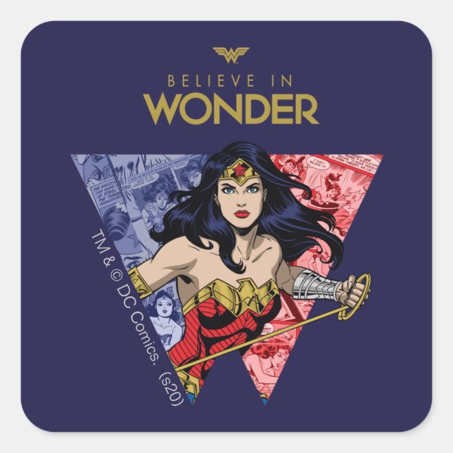 "Believe In Wonder" Wonder Woman Lasso Comic Logo Square Sticker (Front)