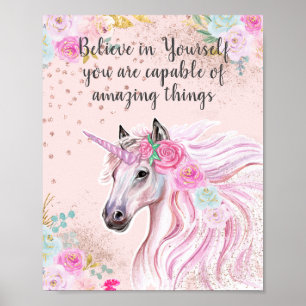 Believe in Yourself Pink Teal Floral Gold Glitter Poster