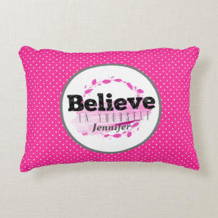 Believe In Yourself Watercolor Pink Polka Dots Decorative Cushion