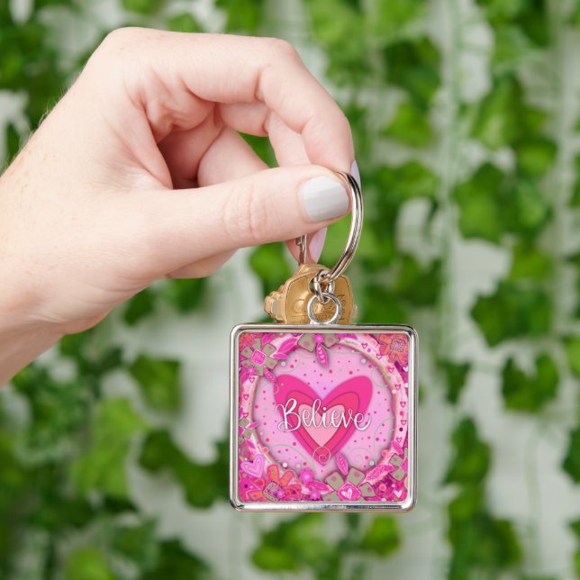 Believe Inspirational Heart Floral Pretty Pink Key Ring (Hand)