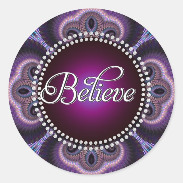 Believe : Inspire : Purple Fractals Cross Circle Classic Round Sticker (Front)