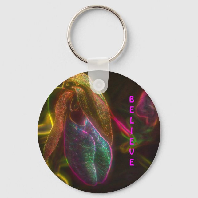 Believe Lady Slipper Flower Inspirational  Key Ring (Front)