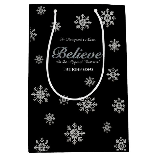 Believe Magic of Christmas Silver Glitter Black Medium Gift Bag (Front)
