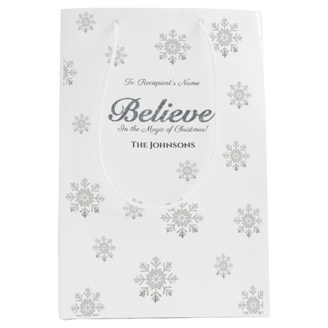 Believe Magic of Christmas Silver Glitter White Medium Gift Bag (Front)