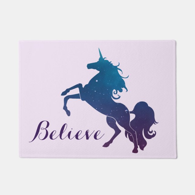 Believe | Magical Purple and Blue Rearing Unicorn Doormat (Front)