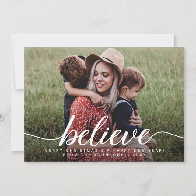Believe Merry Christmas Modern Photo Holiday Card (Front)