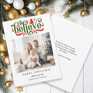 Believe-Merry Christmas!   Modern, simple photo  Holiday Card