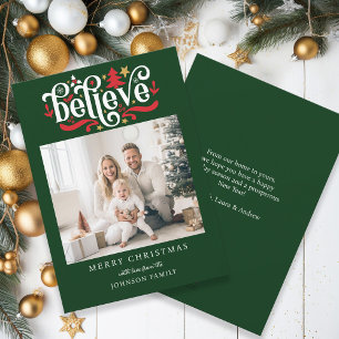 Believe-Merry Christmas! Modern, simple photo Holiday Card