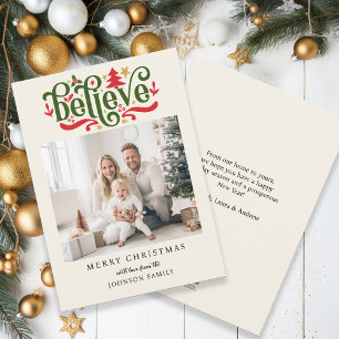 Believe-Merry Christmas! Modern, simple photo Holiday Card