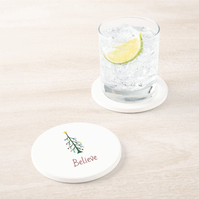 Believe Modern Christmas Evergreen Tree Coaster (Side)