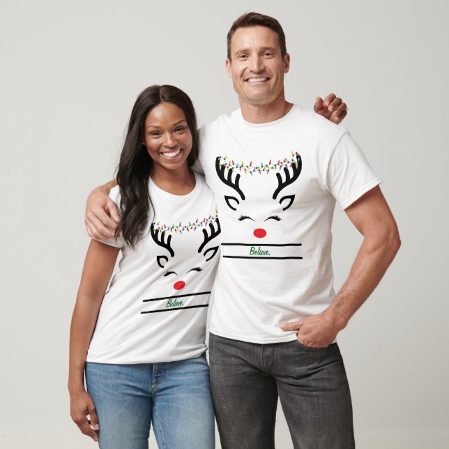 Believe modern funny Christmas reindeer white  T-Shirt (Unisex)
