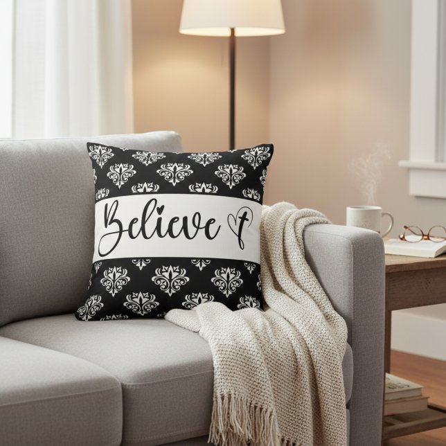 Believe Modern Script Black White Damask Christian Cushion (Believe Modern Script Black White Damask Christian Throw Pillow)
