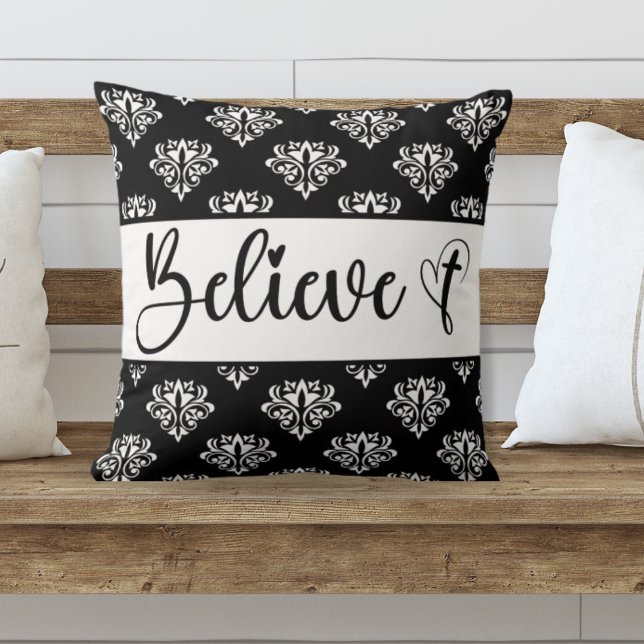 Believe Modern Script Black White Damask Christian Cushion (Creator Uploaded)