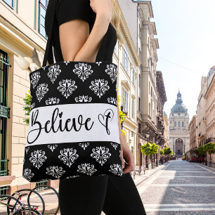 Believe Modern Script Black White Damask Christian Tote Bag