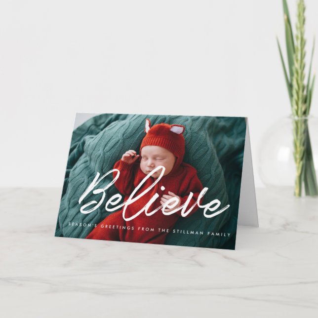 Believe Modern white font family photo Holiday Card (Front)