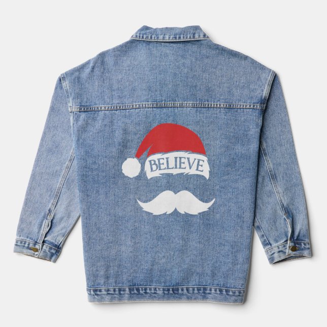 Believe Moustache Santa Hat Cap Family Christmas F Denim Jacket (Back)