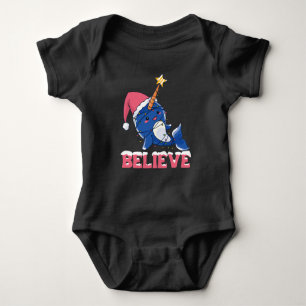 Believe Narwhal Christmas Snow Fairy Lights Baby Bodysuit