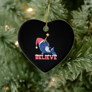 Believe Narwhal Christmas Snow Fairy Lights Ceramic Ornament