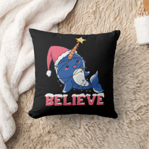 Believe Narwhal Christmas Snow Fairy Lights Cushion