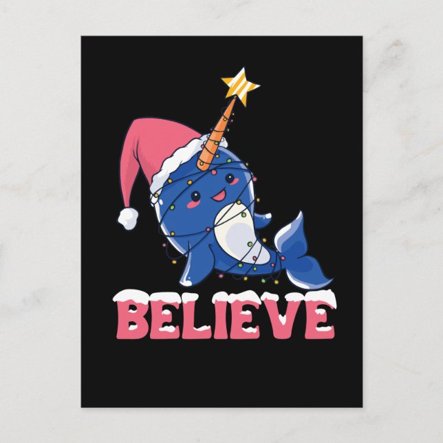 Believe Narwhal Christmas Snow Fairy Lights Holiday Postcard (Front)