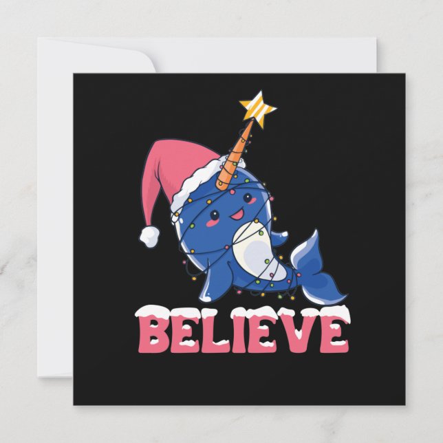 Believe Narwhal Christmas Snow Fairy Lights Invitation (Front)