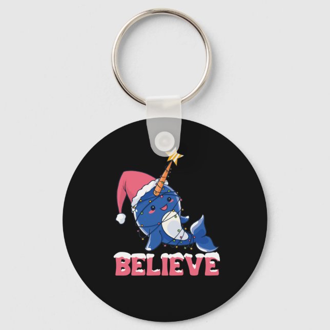 Believe Narwhal Christmas Snow Fairy Lights Key Ring (Front)