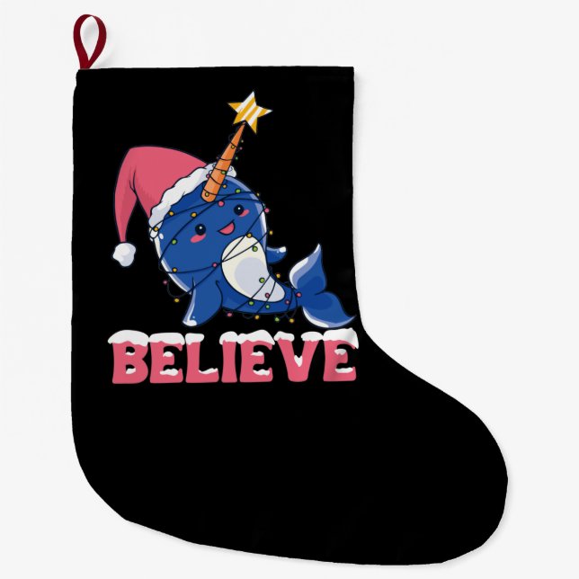 Believe Narwhal Christmas Snow Fairy Lights Large Christmas Stocking (Front)