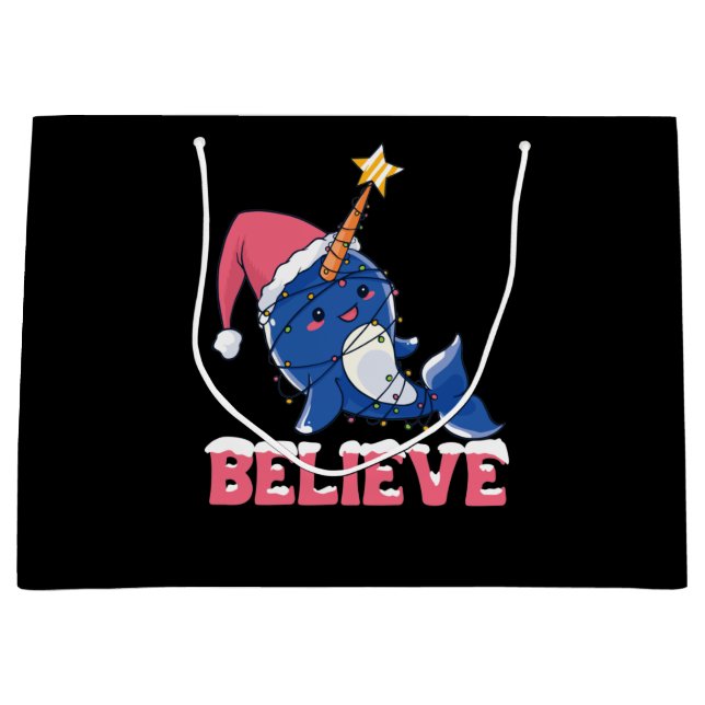 Believe Narwhal Christmas Snow Fairy Lights Large Gift Bag (Front)
