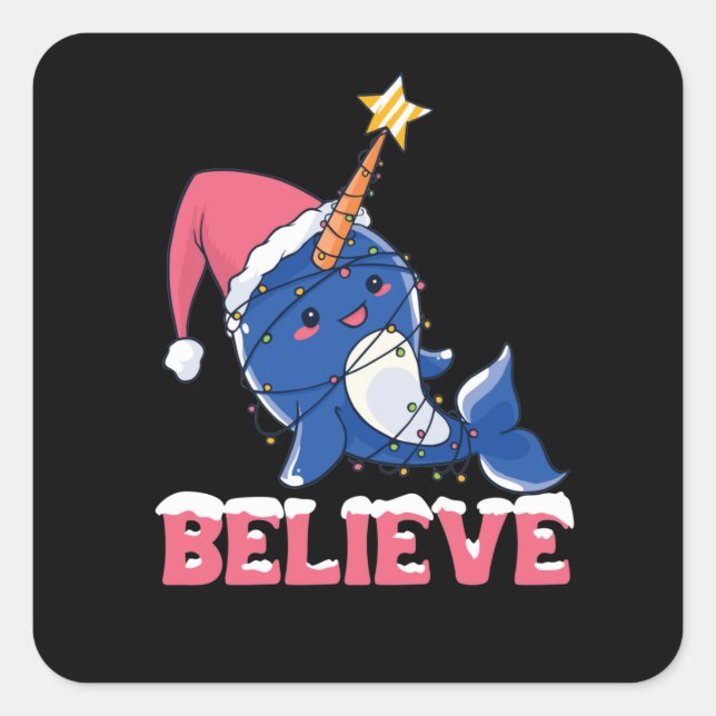 Believe Narwhal Christmas Snow Fairy Lights Square Sticker (Front)