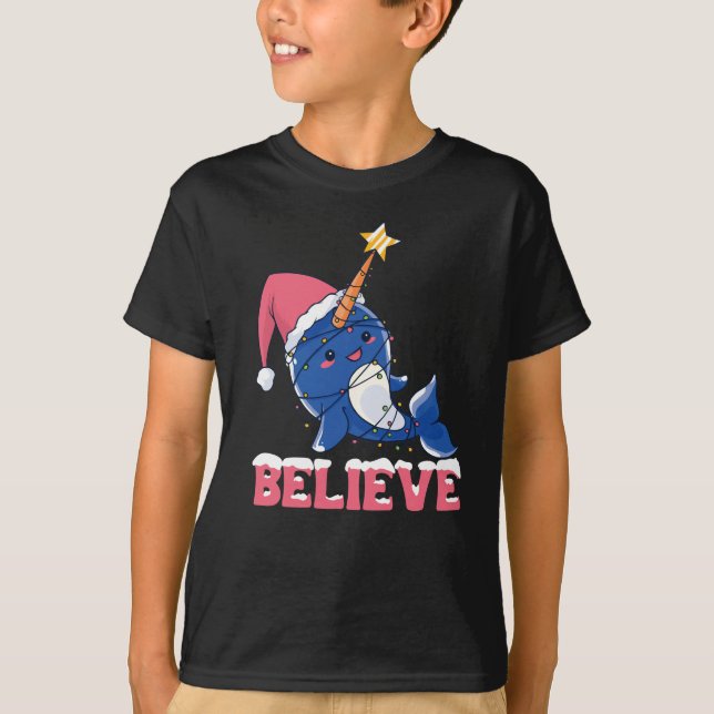 Believe Narwhal Christmas Snow Fairy Lights T-Shirt (Front)