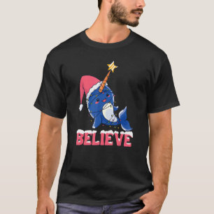 Believe Narwhal Christmas Snow With Fairy Lights T-Shirt