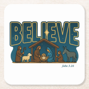 Believe Nativity Square Paper Coaster