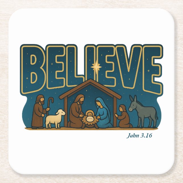 Believe Nativity Square Paper Coaster (Front)