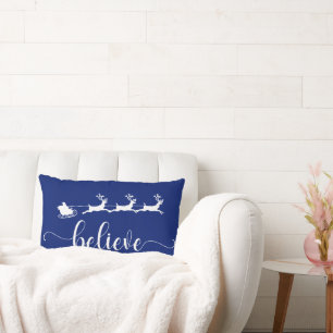 Believe   Navy Blue Christmas Holiday Lumbar Cushion