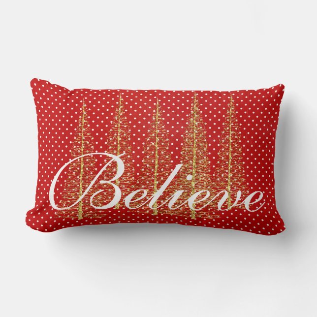 Believe on Red Dots Christmas Lumbar Throw Pillow (Front)