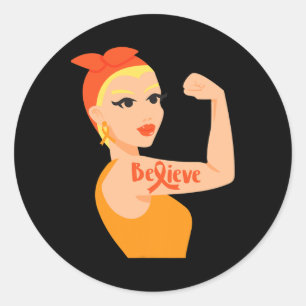 Believe Orange Ribbon Strong Woman Leukaemia Aware Classic Round Sticker