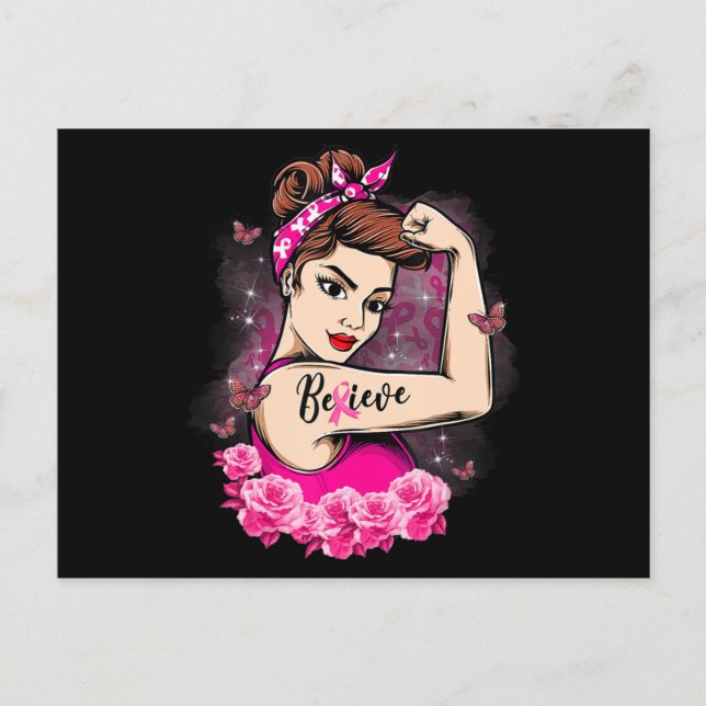 Believe Pink Ribbon Strong Women Breast Cancer Awa Postcard (Front)