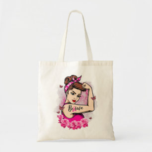 Believe Pink Ribbon Strong Women Breast Cancer Awa Tote Bag