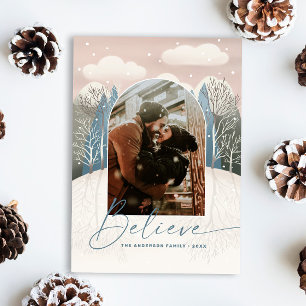Believe. Pink winter woodland religious Christmas Holiday Card