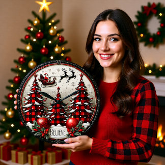 Believe Plaid Sleigh Christmas Large Clock