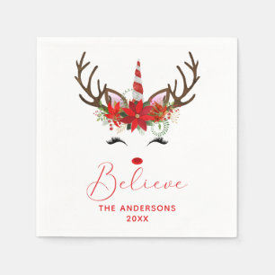 Believe Red Christmas Reindeer Unicorn Name Napkin