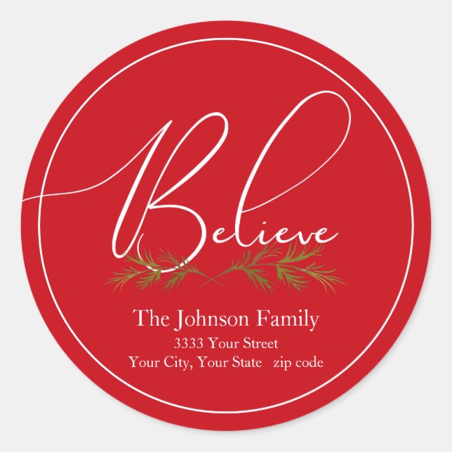 Believe Red Christmas Round Return Address Label (Front)