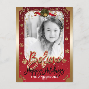 Believe Red & Gold Winter Snowflakes Holiday Photo Postcard