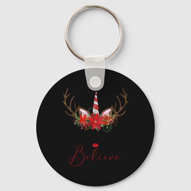 Believe Red White Insettia Reindeer Unicorn T Shir Key Ring (Front)