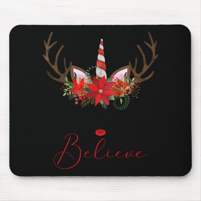 Believe Red White Insettia Reindeer Unicorn T Shir Mouse Pad (Front)